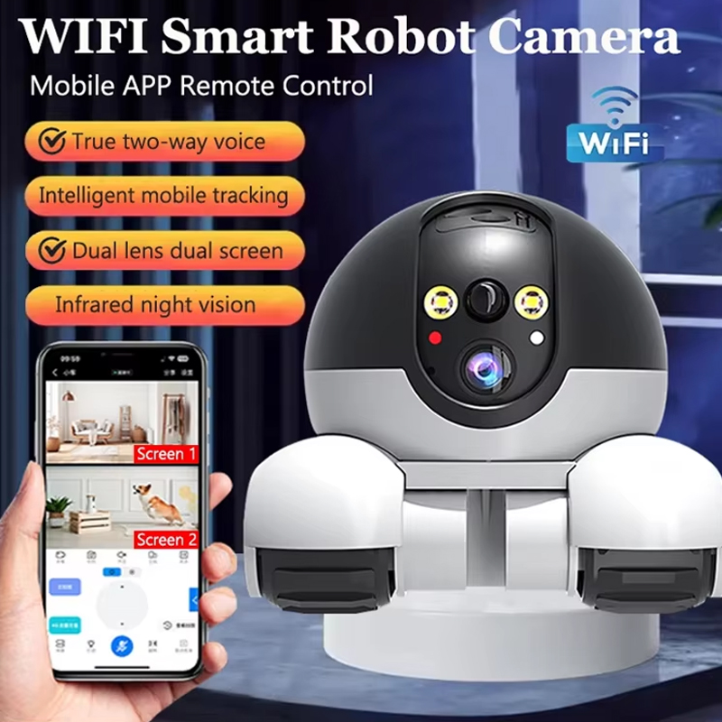 Home Security Robot - กล้องวงจรปิดไร้สาย 128GB แบบหุ่นยนต์ กล้องคู่ จอคู่ หมุนได้
